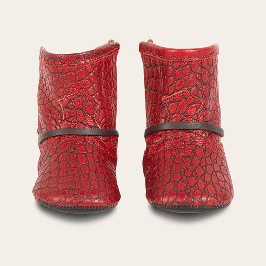 FREEBIRD infant baby coal red croco back lace detailing leather bootie with inside velcro closure lifestyle image