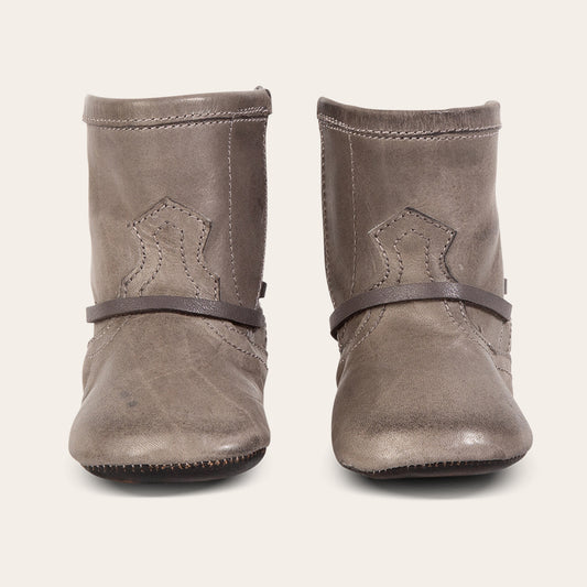 FREEBIRD infant baby coal stone back lace detailing leather bootie with inside velcro closure lifestyle image
