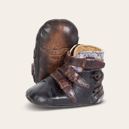 FREEBIRD infant baby crue navy multi back lace and side strap detailing leather bootie with inside velcro closure lifestyle image