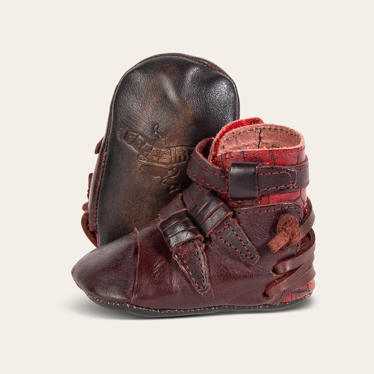 FREEBIRD infant baby crue wine multi back lace detailing and side strap detailing leather bootie with inside velcro closure lifestyle image