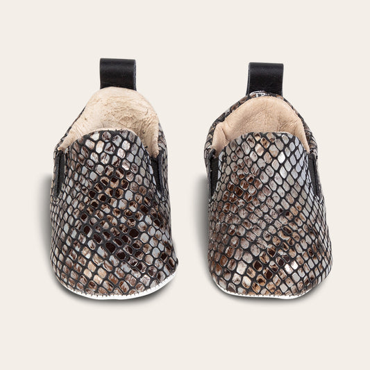 FREEBIRD infant baby kicks blue snake leather shoe with pull tab and side elastic panel lifestyle image