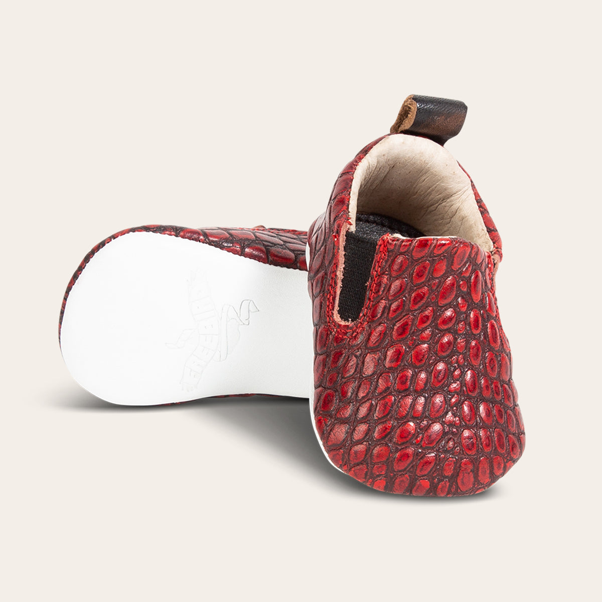 FREEBIRD infant baby kicks red croco leather shoe with pull tab and side elastic panel lifestyle image