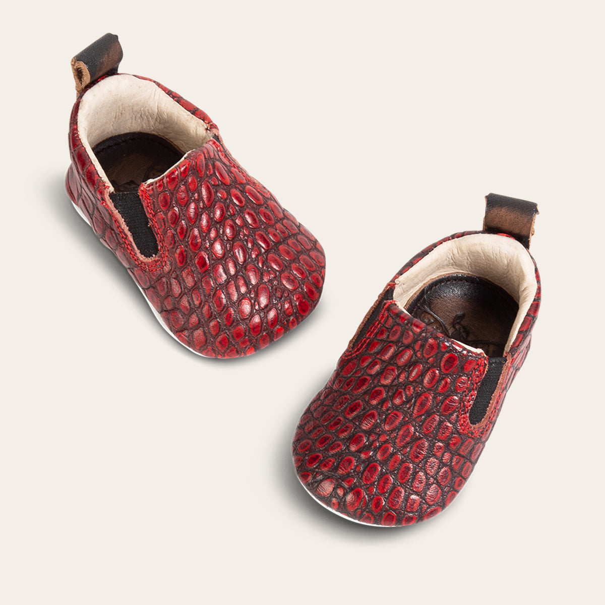 FREEBIRD infant baby kicks red croco leather shoe with pull tab and side elastic panel lifestyle image
