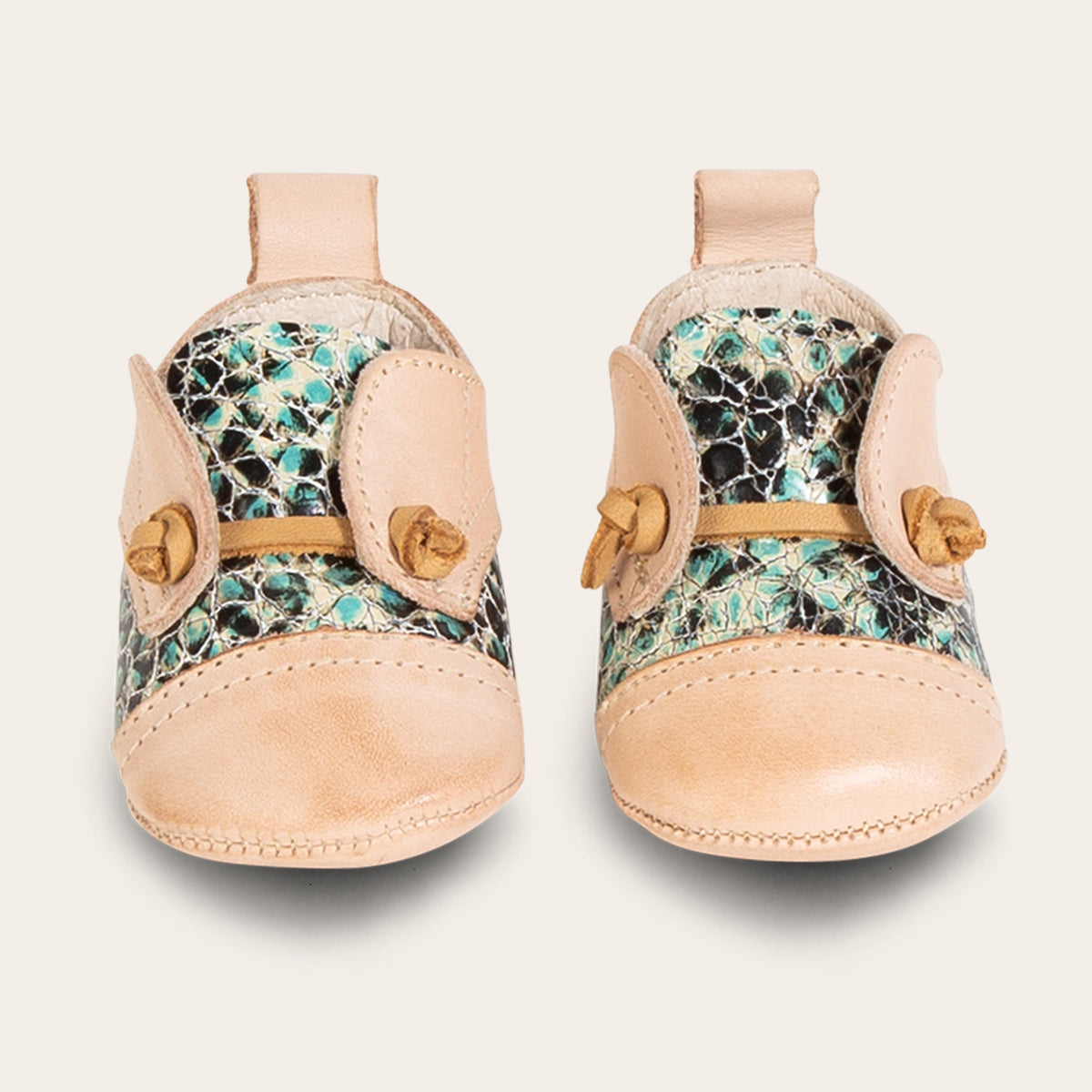 FREEBIRD infant baby Mabel turquoise multi leather shoe with decorative knotted leather lace and hidden inside elastic panel lifestyle image
