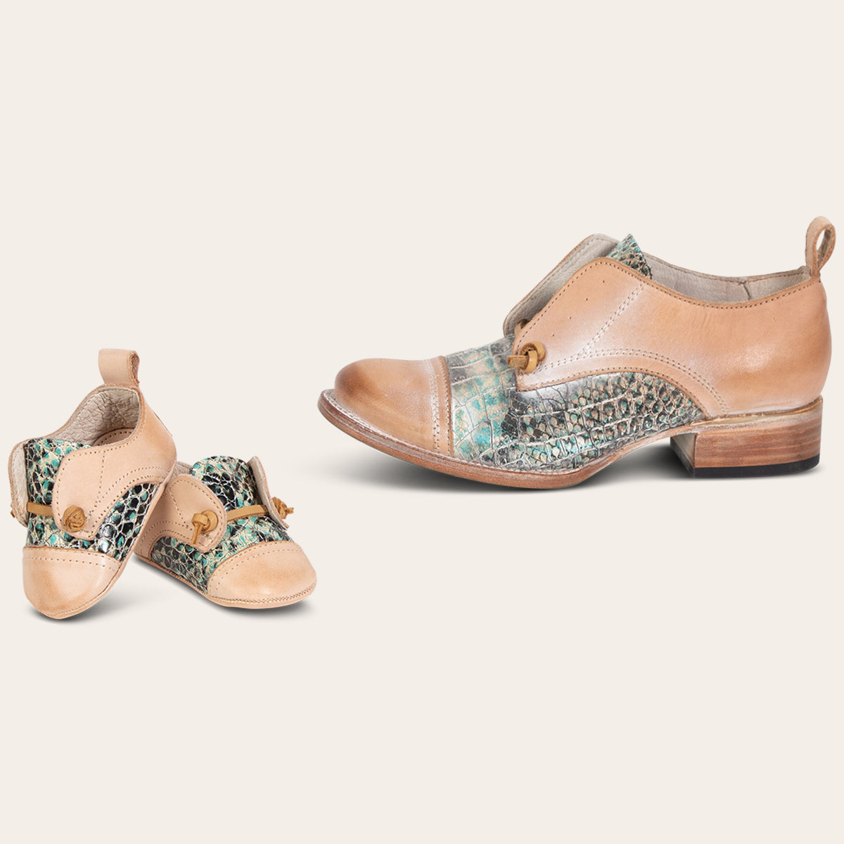 FREEBIRD infant baby Mabel turquoise multi leather shoe with decorative knotted leather lace and hidden inside elastic panel lifestyle image