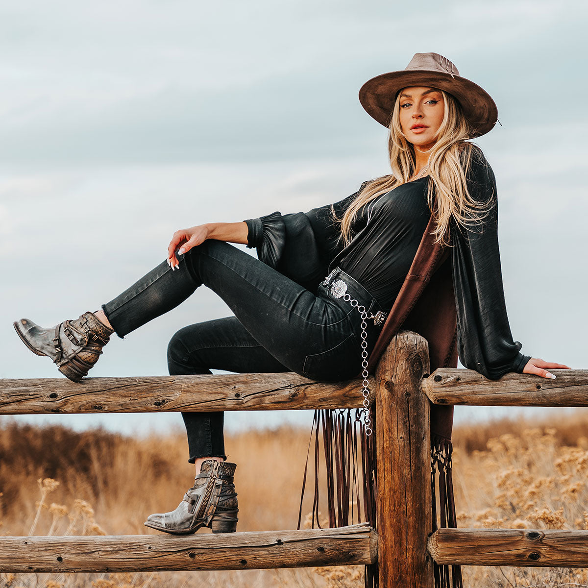 CRUE graphite Multi leather back lace booties with two-texture leather, decorative buckled straps, and inside zippers lifestyle