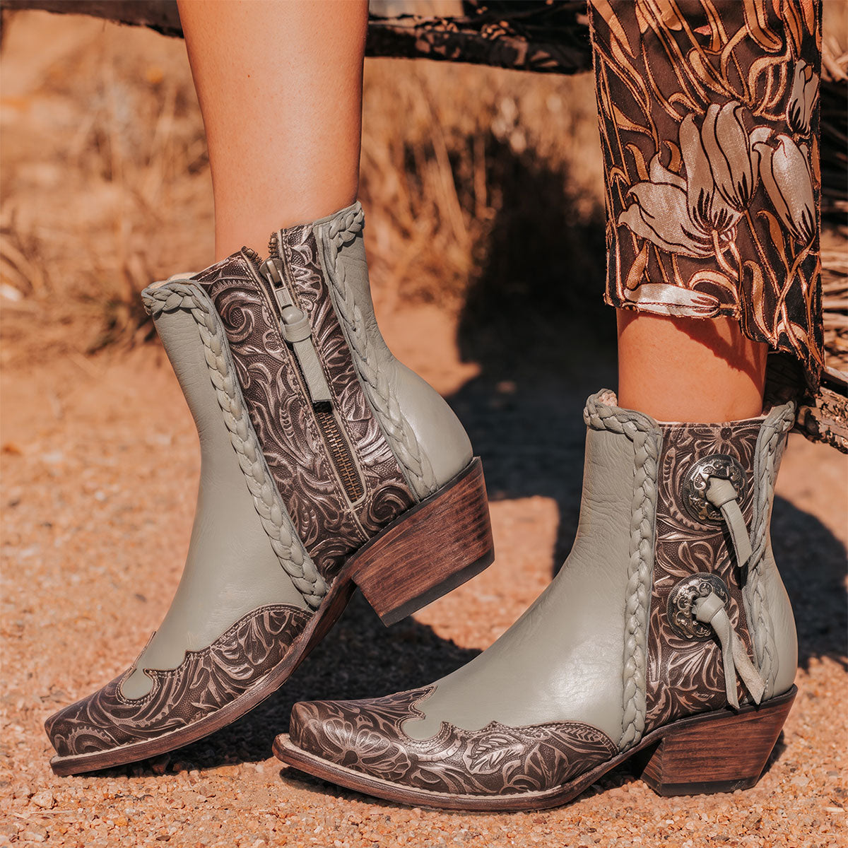 FREEBIRD women's WAGON grey tooled leather western bootie featuring a snip toe, tooled leather, and medium heel 