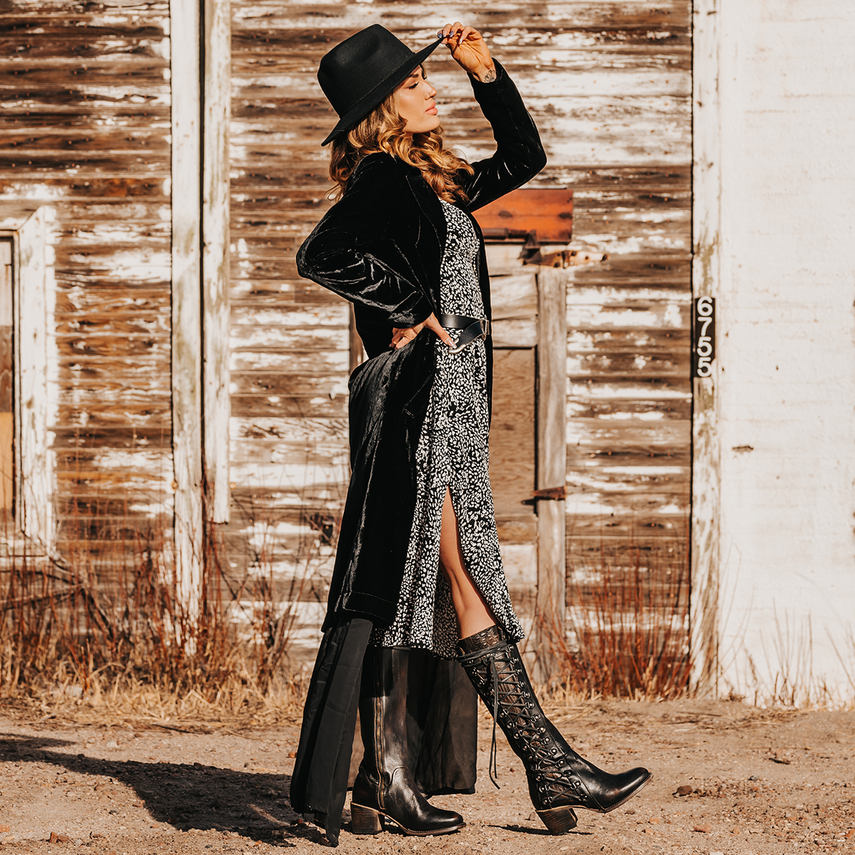 FREEBIRD women's Chapelle black multi embossed side panel adjustable leather lacing inside zip tall leather boot lifestyle