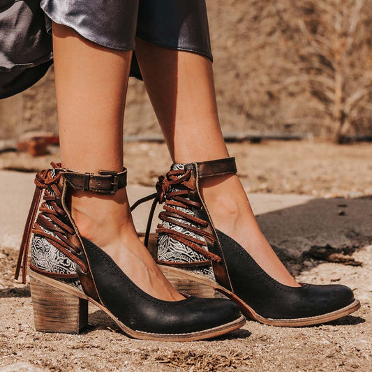 FREEBIRD women's Raeanne black multi embossed leather heeled shoe with back leather lacing and ankle strap