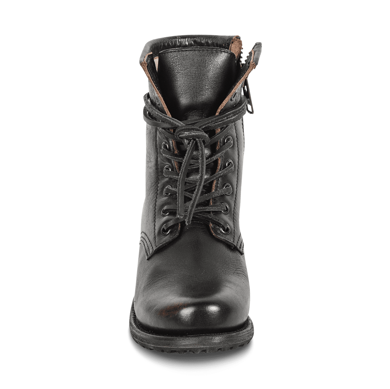 Front view showing adjustable leather lace closure on FREEBIRD women's Manchester black leather combat boot