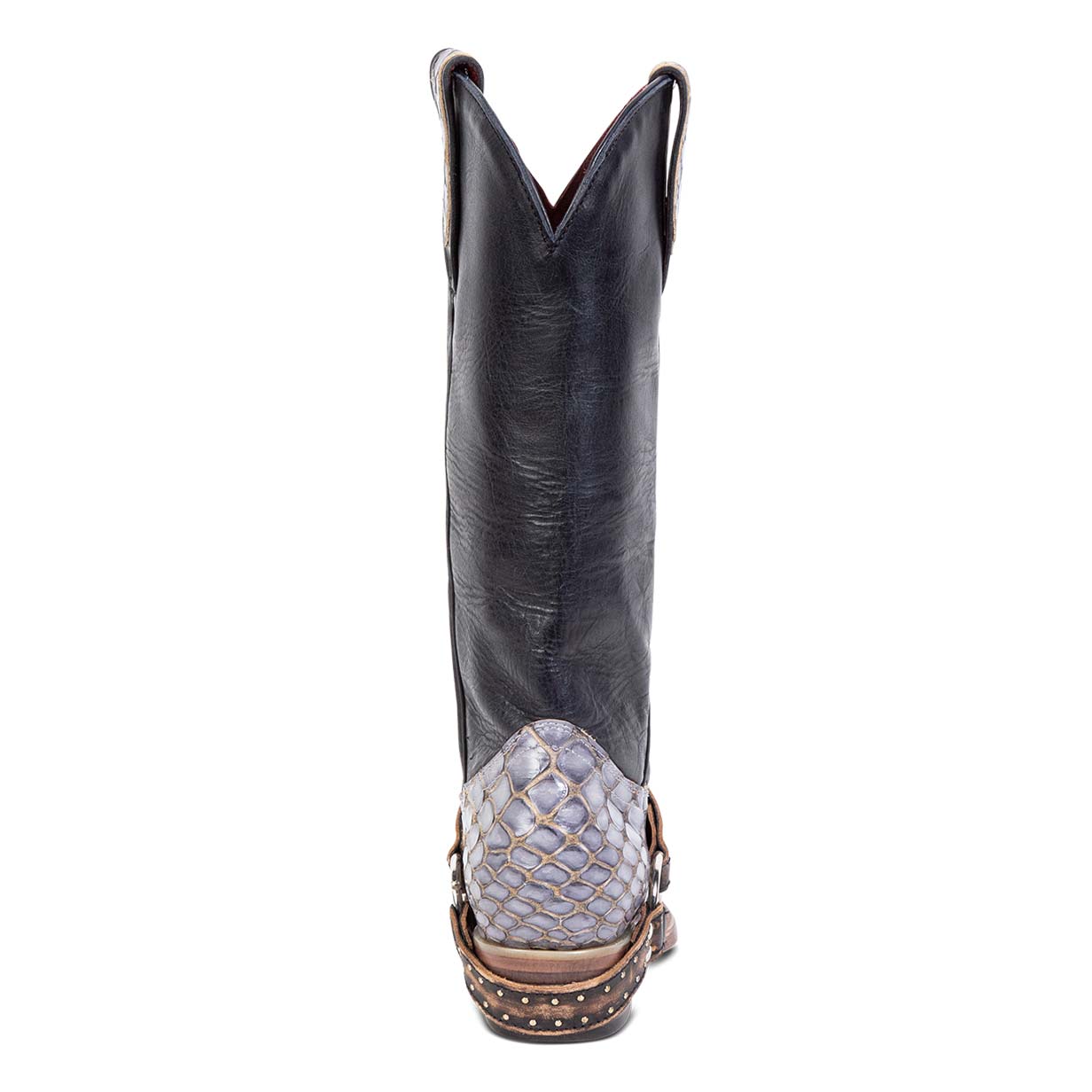 Back view showing scallop dip and embellished leather harness on FREEBIRD women's Lusitano navy croco multi boot