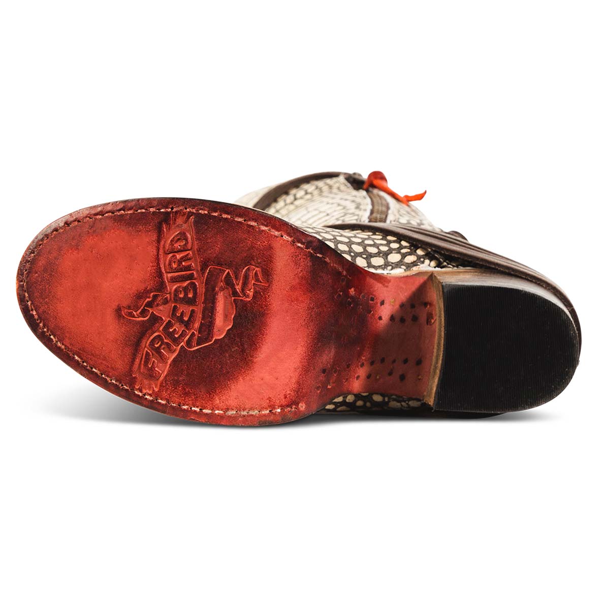Leather sole imprinted with FREEBIRD on women's Coal beige croco tall boot