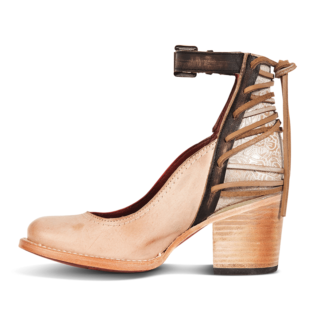 Inside view showing wood wrapped heel with adjustable leather ankle strap on FREEBIRD women's Raeanne taupe multi shoe
