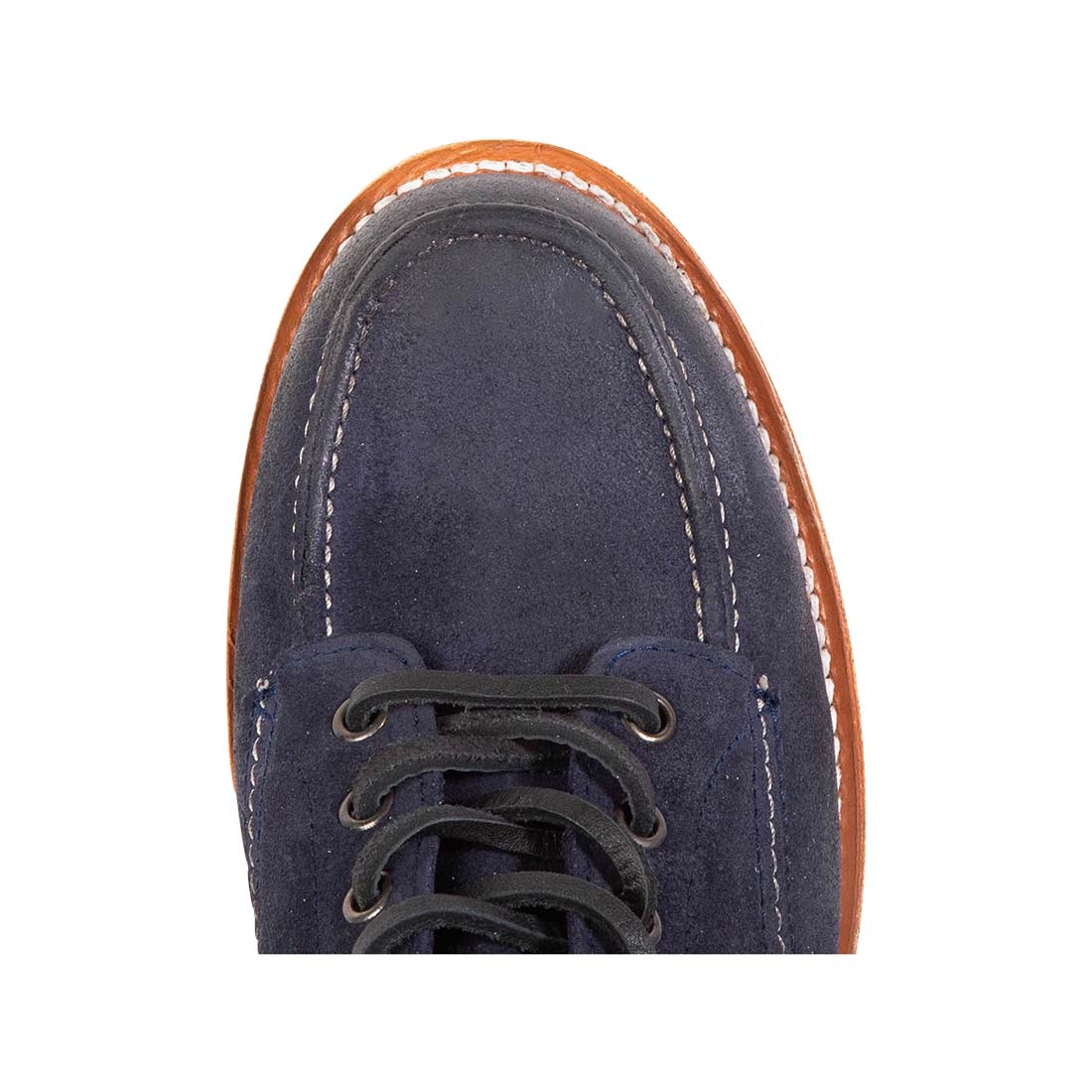 Top view showing round toe and leather lacing on FREEBIRD men's Carbon navy suede shoe