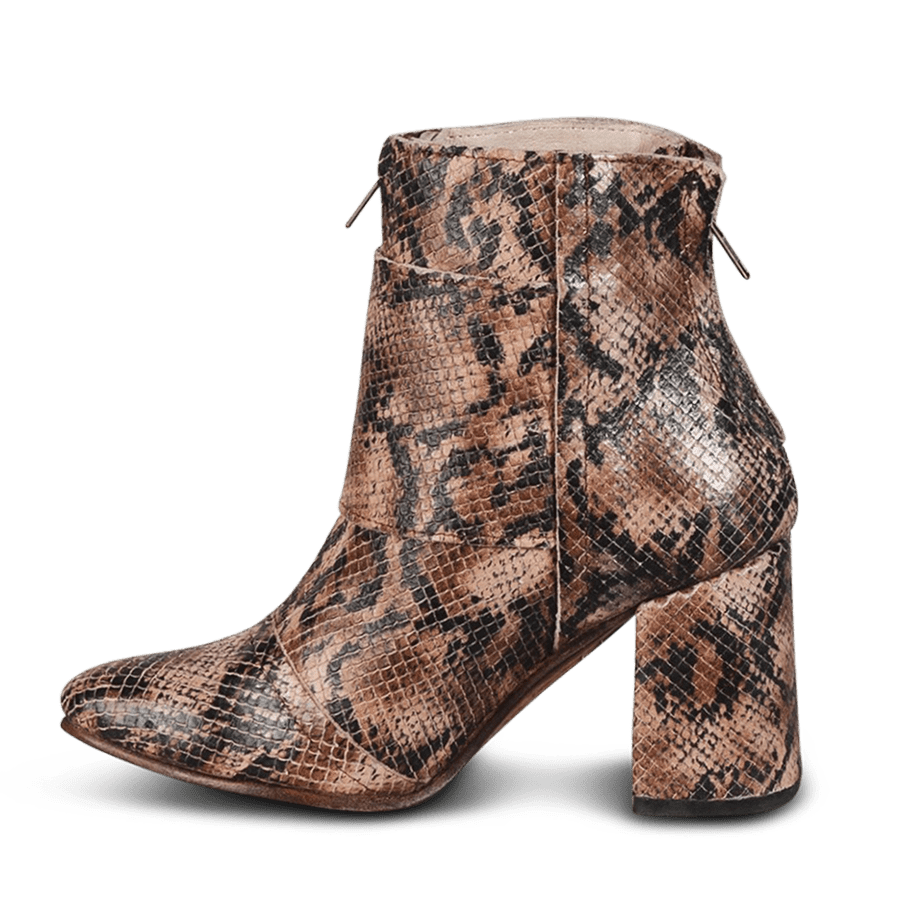 Inside view showing leather construction on FREEBIRD women's Joey brown snake leather bootie