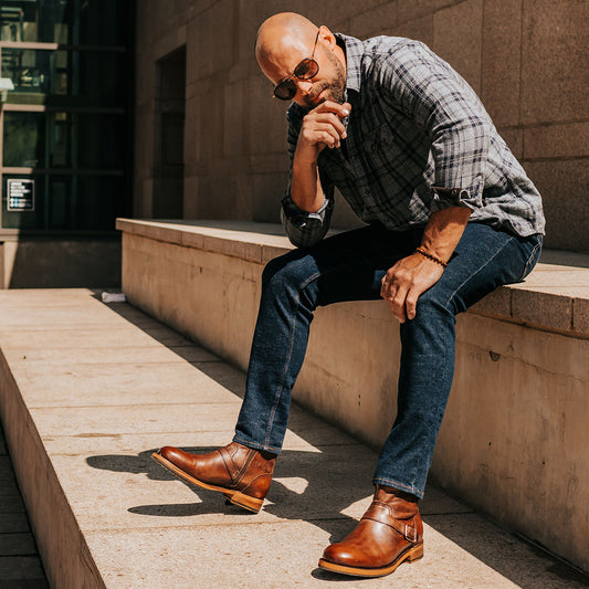 FREEBIRD men's Railroad cognac inside zip low heel ankle boot with almond toe lifestyle