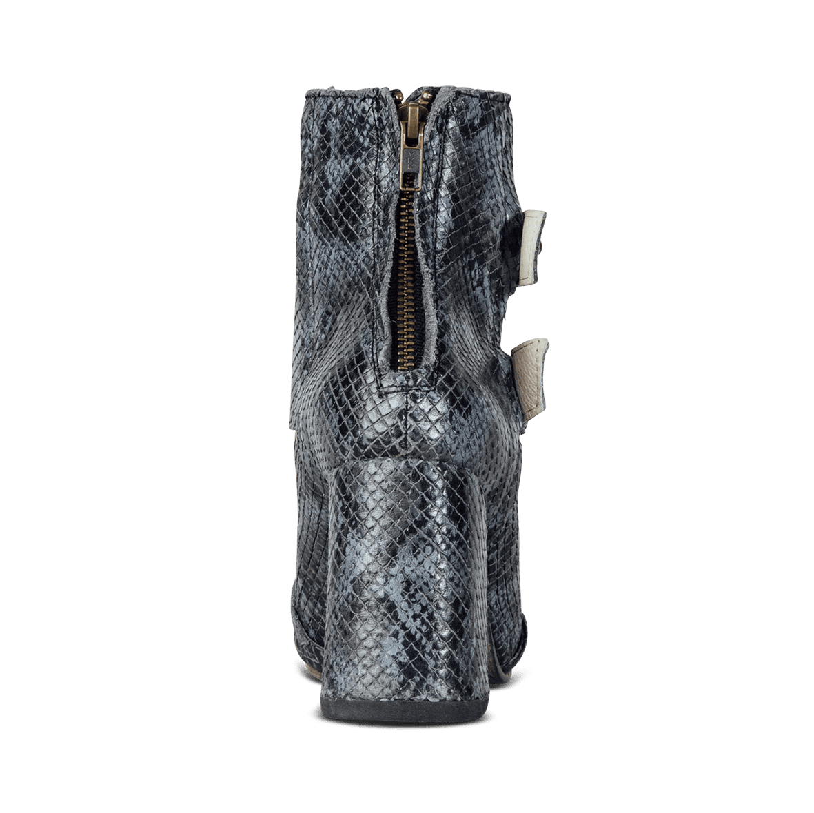 Back view showing working brass zip closure and flare heel on FREEBIRD women's Joey blue multi leather bootie