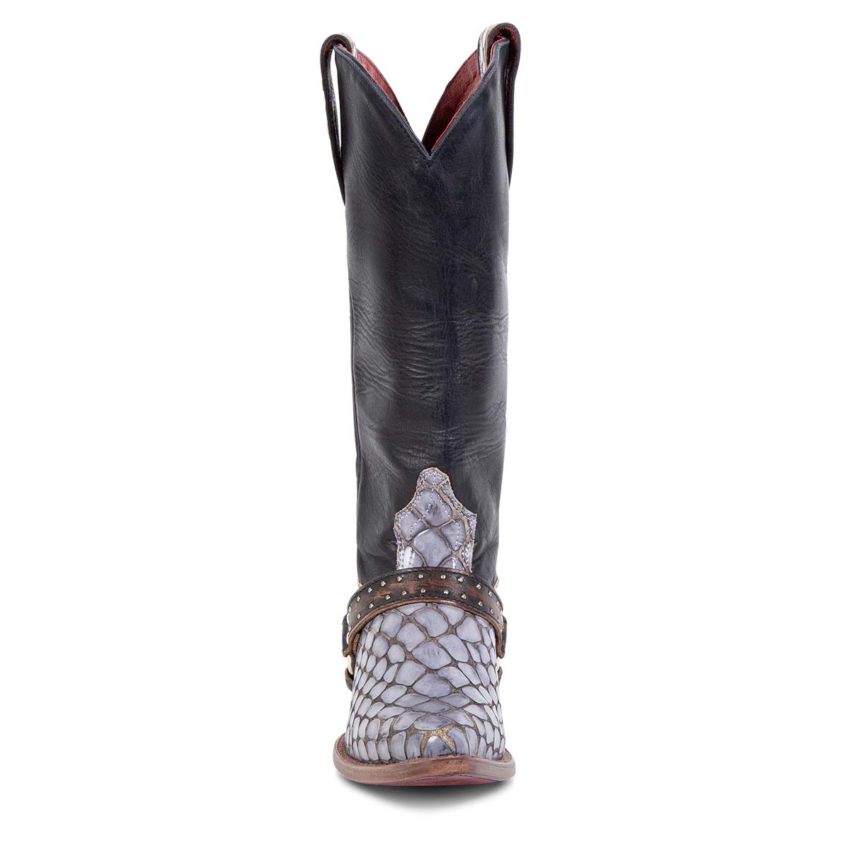 Front view showing scallop dip and leather harness with silver stud detailing on FREEBIRD women's Lusitano navy croco multi boot