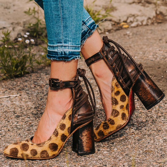 FREEBIRD women's Jillian leopard pointed toe open construction heeled shoe with detailed back lacing and adjustable ankle strap