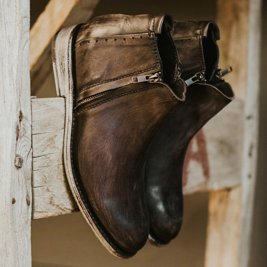FREEBIRD men's Milo dark brown boot with an outside and inside zip closure detail
