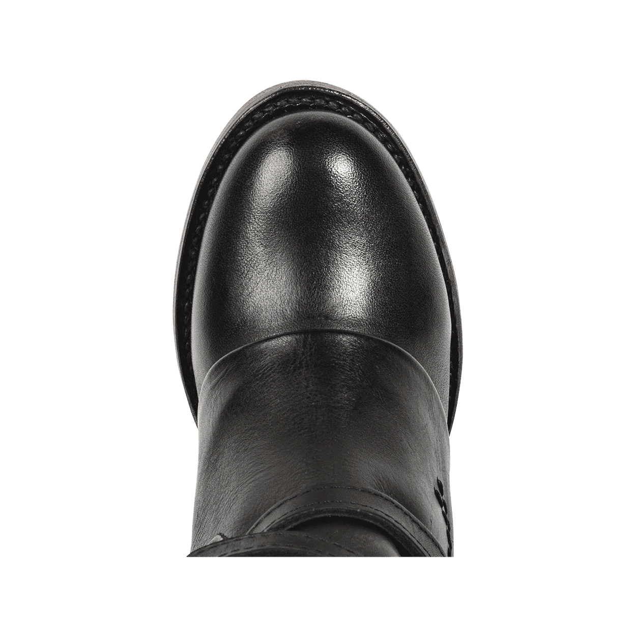 Top view showing round toe and leather ankle overlay on FREEBIRD women's Cassius black tall leather boot