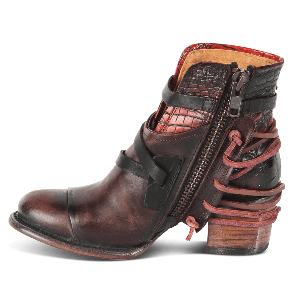 Inside view showing working brass zip closure on FREEBIRD women's Crue wine multi leather bootie