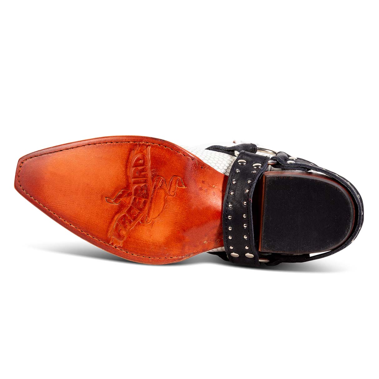 Orange leather sole imprinted with FREEBIRD on women's Lusitano white snake boot