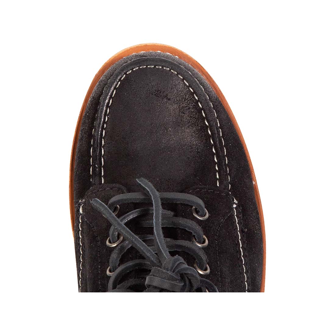 Top view showing round toe and leather lacing on FREEBIRD men's Carbon black suede shoe