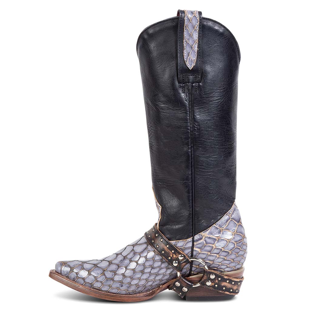 Inside view showing pull straps and western ankle harness on FREEBIRD women's Lusitano navy croco multi boot