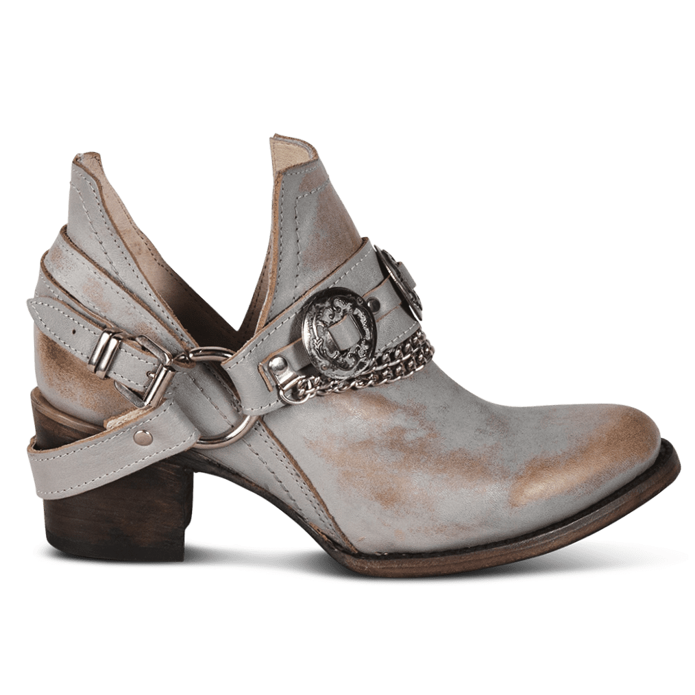 FREEBIRD women's Mystic black leather belted embellished bootie with ankle framing cuts