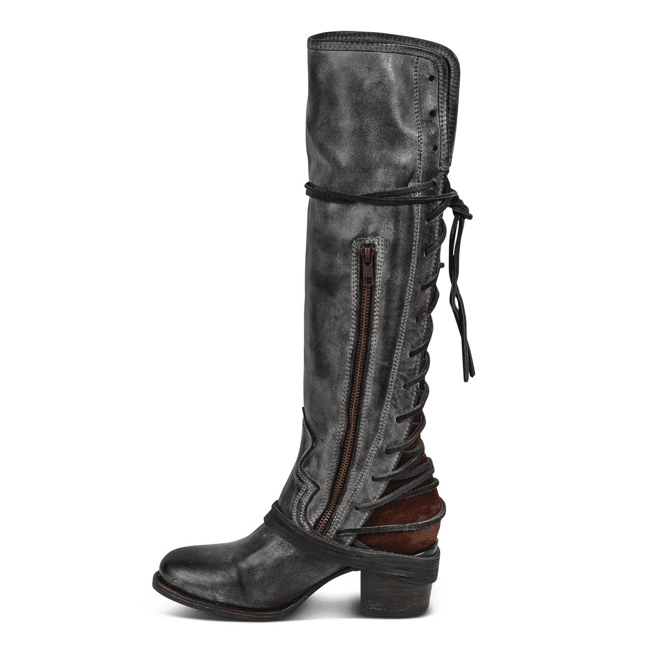 Inside view showing working brass zip closure and adjustable wrap around laces on FREEBIRD women's Coal black  tall boot