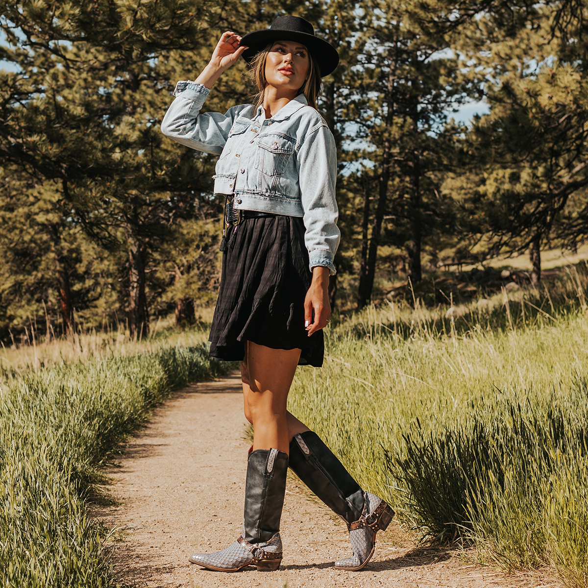 FREEBIRD women's Lusitano navy croco multi western boot with embellished harness and snip toe lifestyle