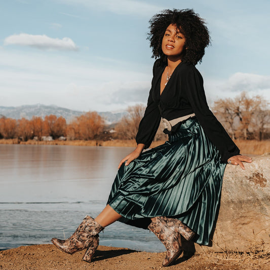 FREEBIRD women's Joey brown snake embossed leather bootie with flare heel and brass buckles lifestyle