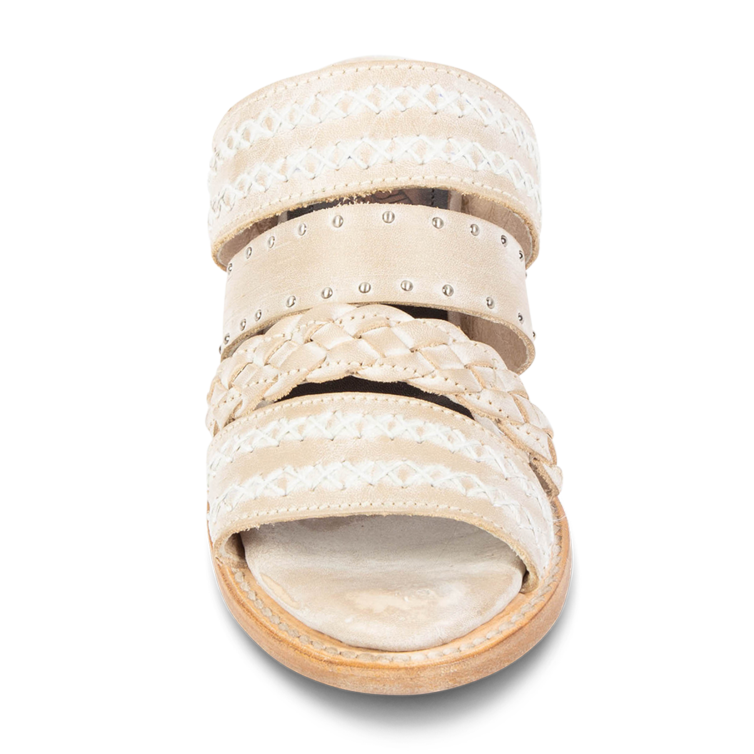 Front view showing braided and stitch detailed straps on FREEBIRD women's Albuquerque beige open-toe slip-on sandal 
