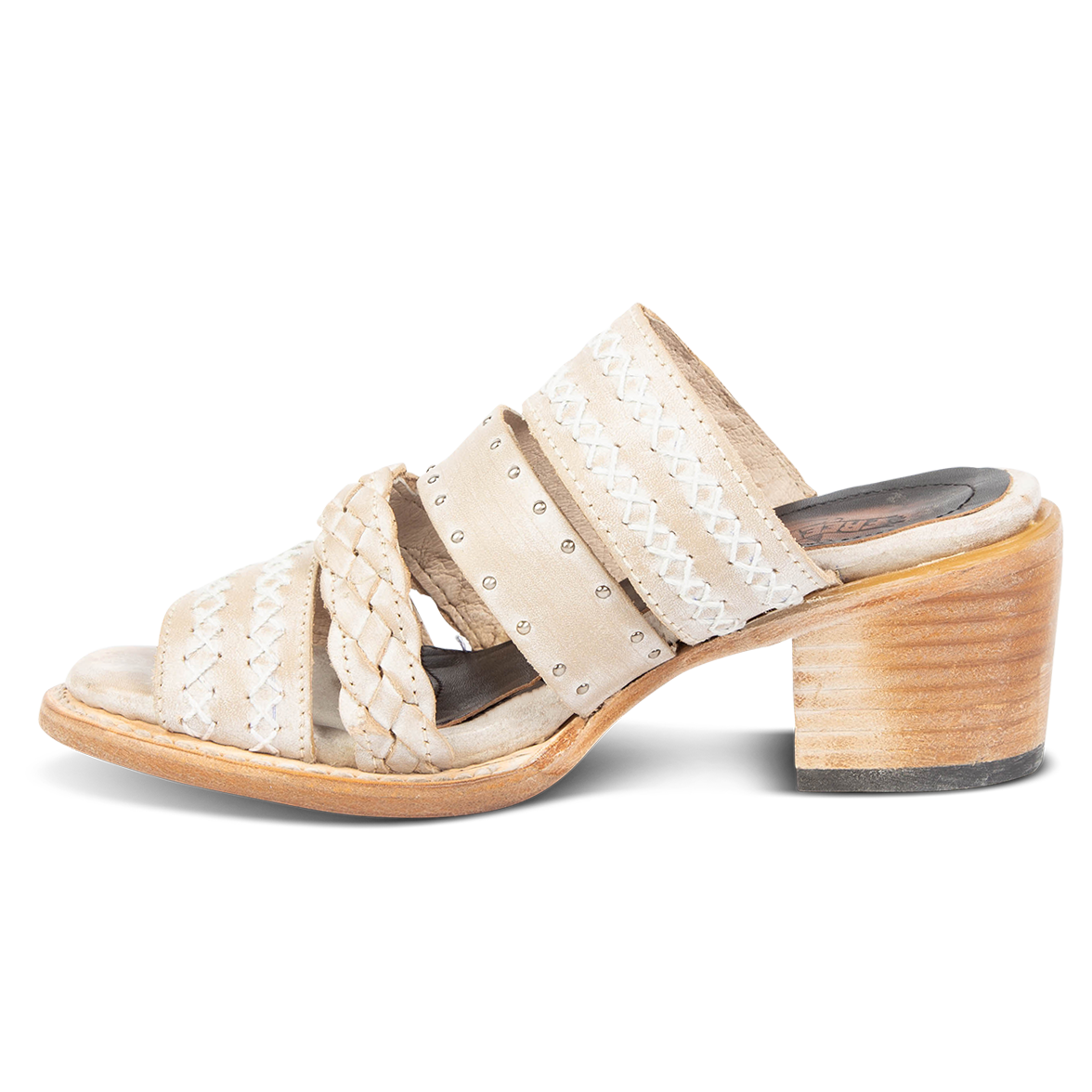 Inside view view showing braided and stitch detailed straps on FREEBIRD women's Albuquerque beige open-toe slip-on sandal