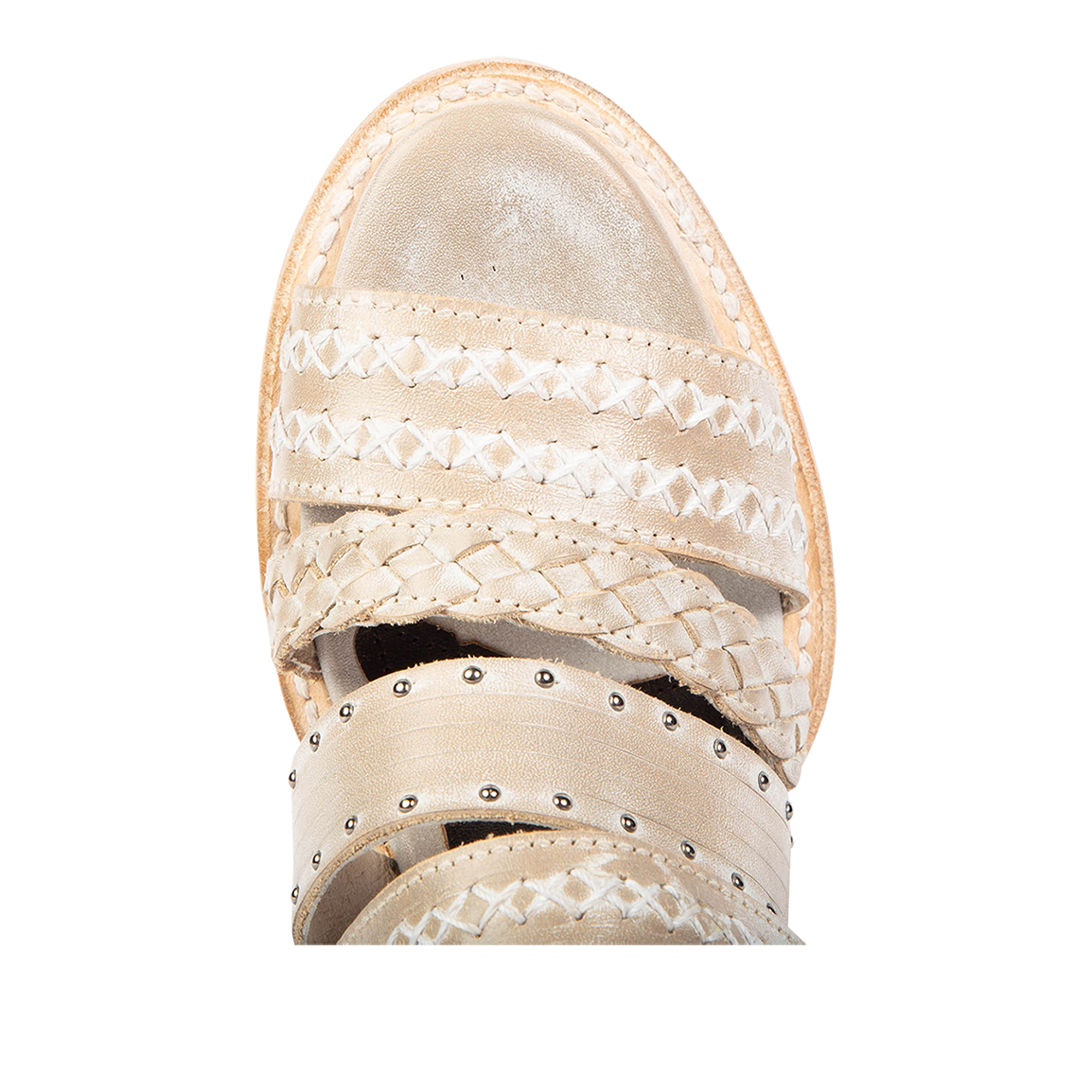 Top view showing braided and stitch detailed straps on FREEBIRD women's Albuquerque beige open-toe slip-on sandal