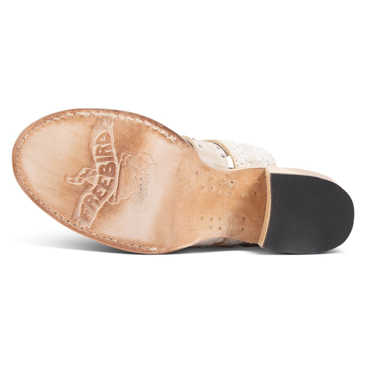 Leather sole imprinted with FREEBIRD on women's Albuquerque beige open-toe slip-on sandal