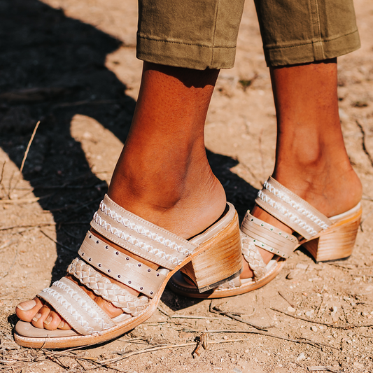 FREEBIRD women's Albuquerque beige open-toe slip-on sandal with braided and stitch detailed straps