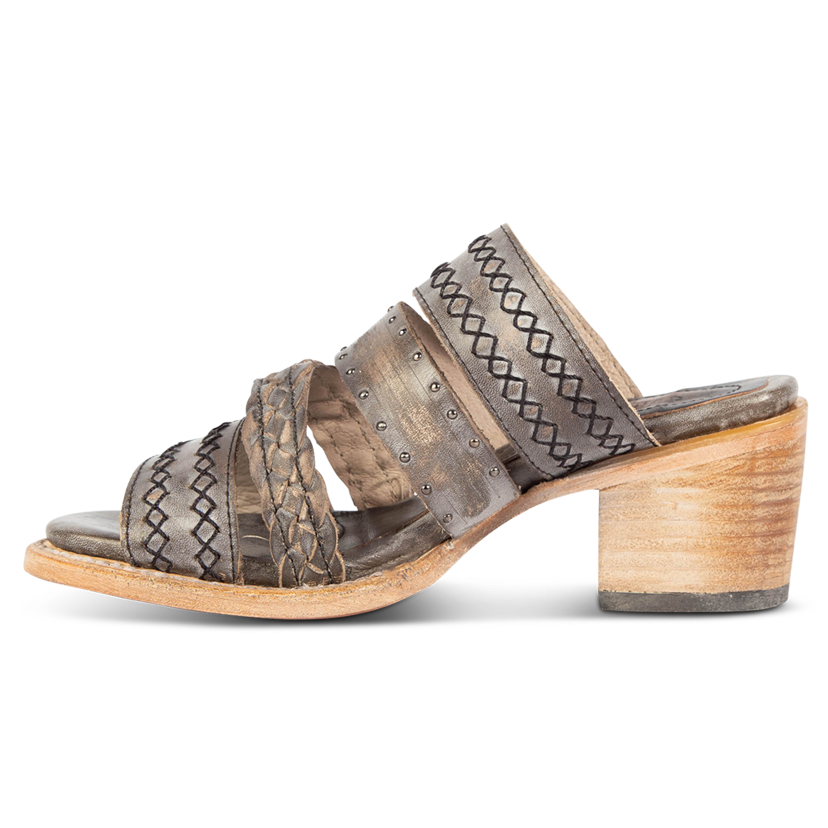 Inside view view showing braided and stitch detailed straps on FREEBIRD women's Albuquerque ice open-toe slip-on sandal