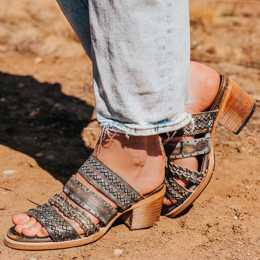 FREEBIRD women's Albuquerque ice open-toe slip-on sandal with braided and stitch detailed straps