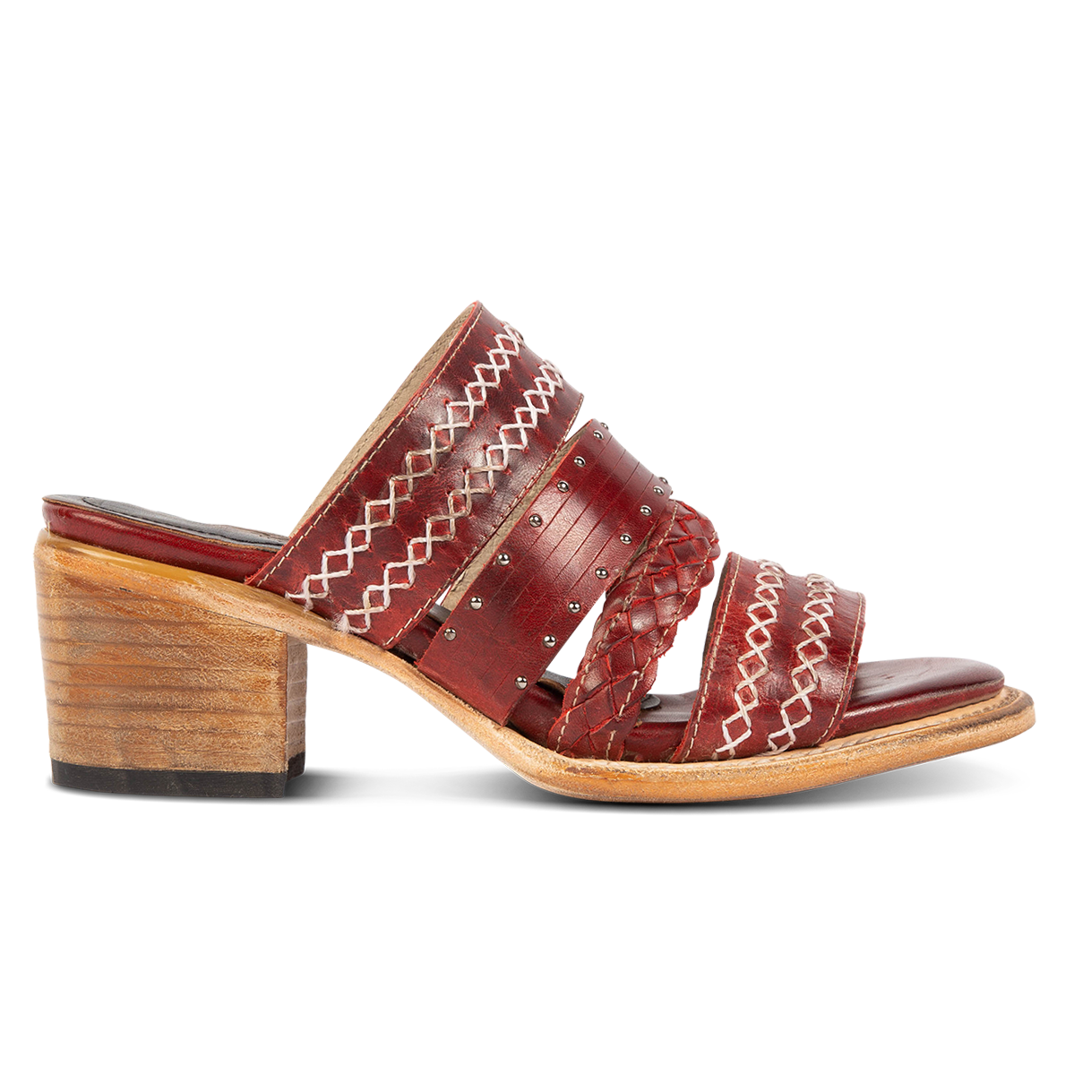 FREEBIRD women's Albuquerque red open-toe slip-on sandal with braided and stitch detailed straps