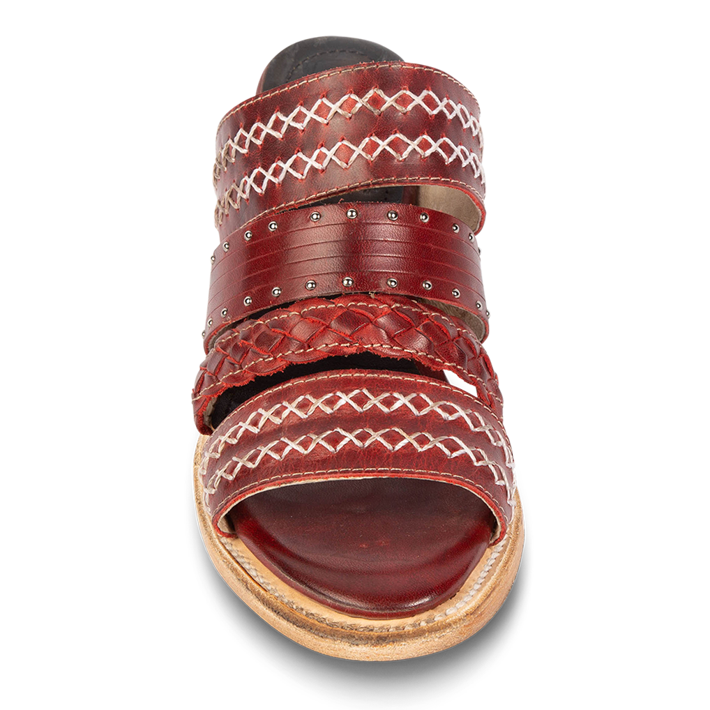 Front view showing braided and stitch detailed straps on FREEBIRD women's Albuquerque red open-toe slip-on sandal