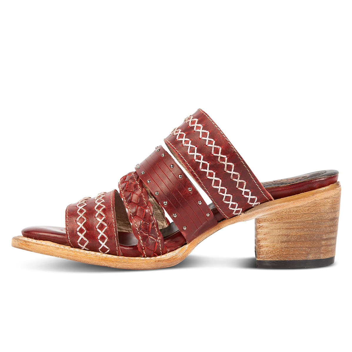 Inside view view showing braided and stitch detailed straps on FREEBIRD women's Albuquerque red open-toe slip-on sandal