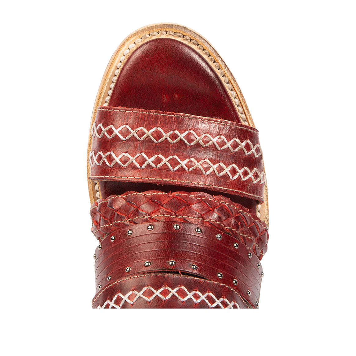Top view showing braided and stitch detailed straps on FREEBIRD women's Albuquerque red open-toe slip-on sandal