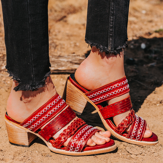 FREEBIRD women's Albuquerque red open-toe slip-on sandal with braided and stitch detailed straps
