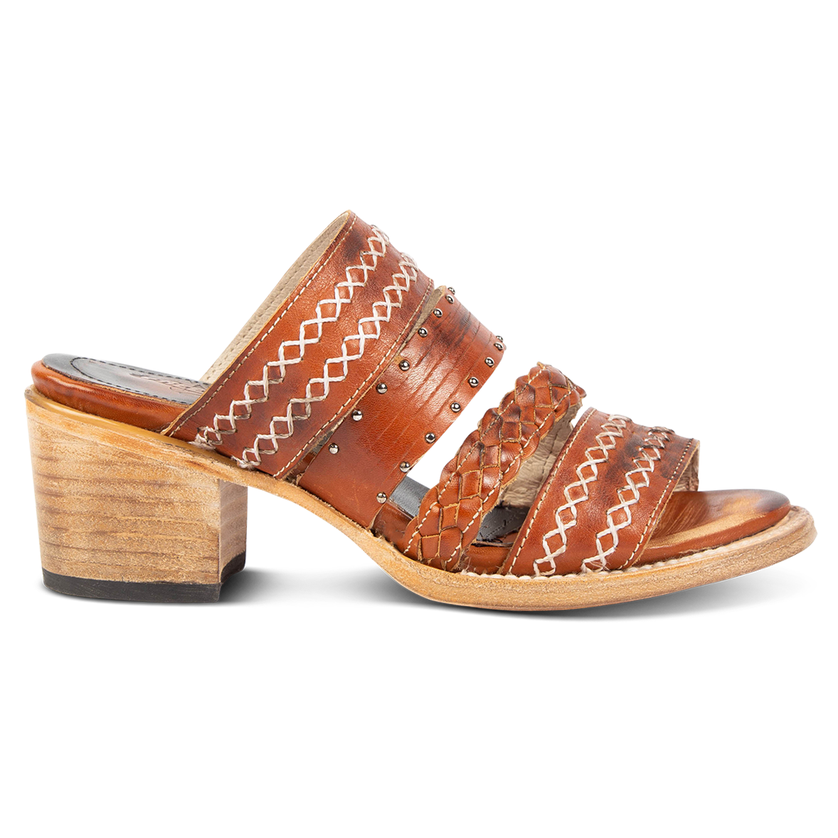 FREEBIRD women's Albuquerque whiskey open-toe slip-on sandal with braided and stitch detailed straps