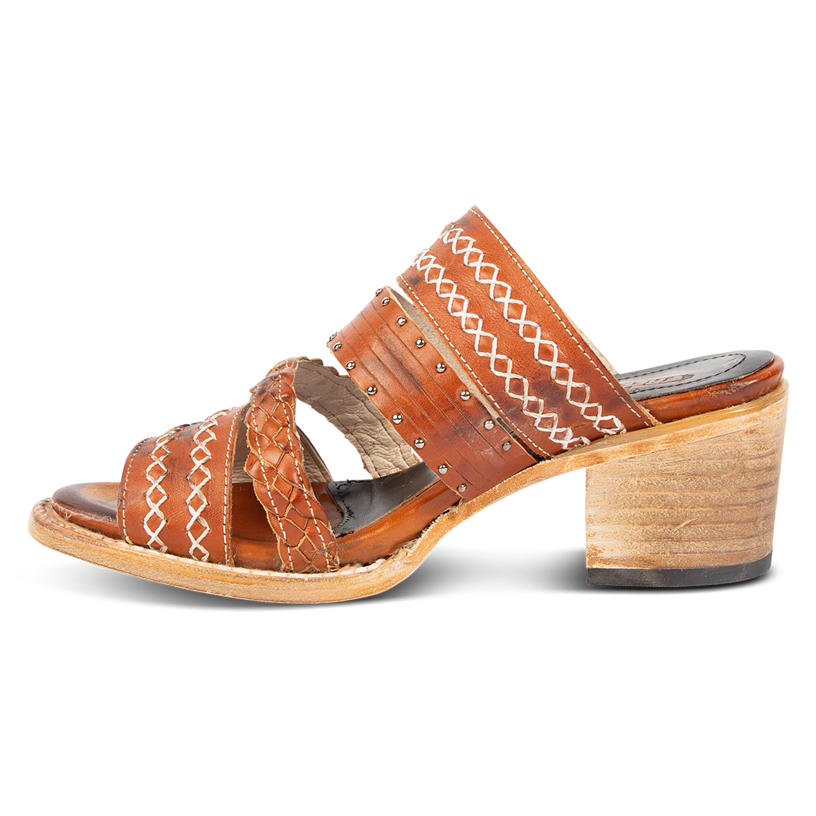 Inside view view showing braided and stitch detailed straps on FREEBIRD women's Albuquerque whiskey open-toe slip-on sandal