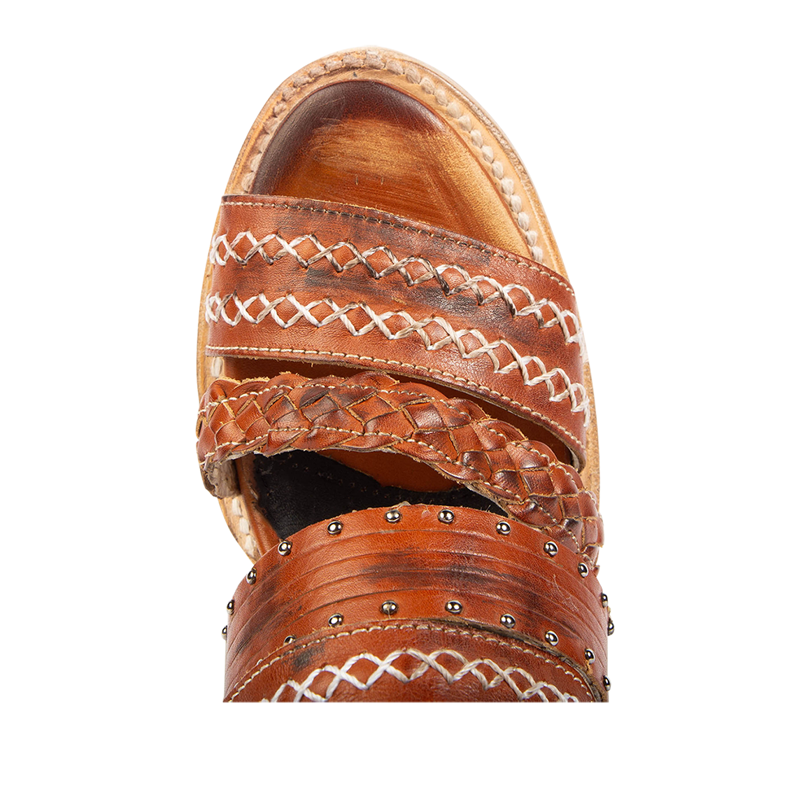 Top view showing braided and stitch detailed straps on FREEBIRD women's Albuquerque whiskey open-toe slip-on sandal