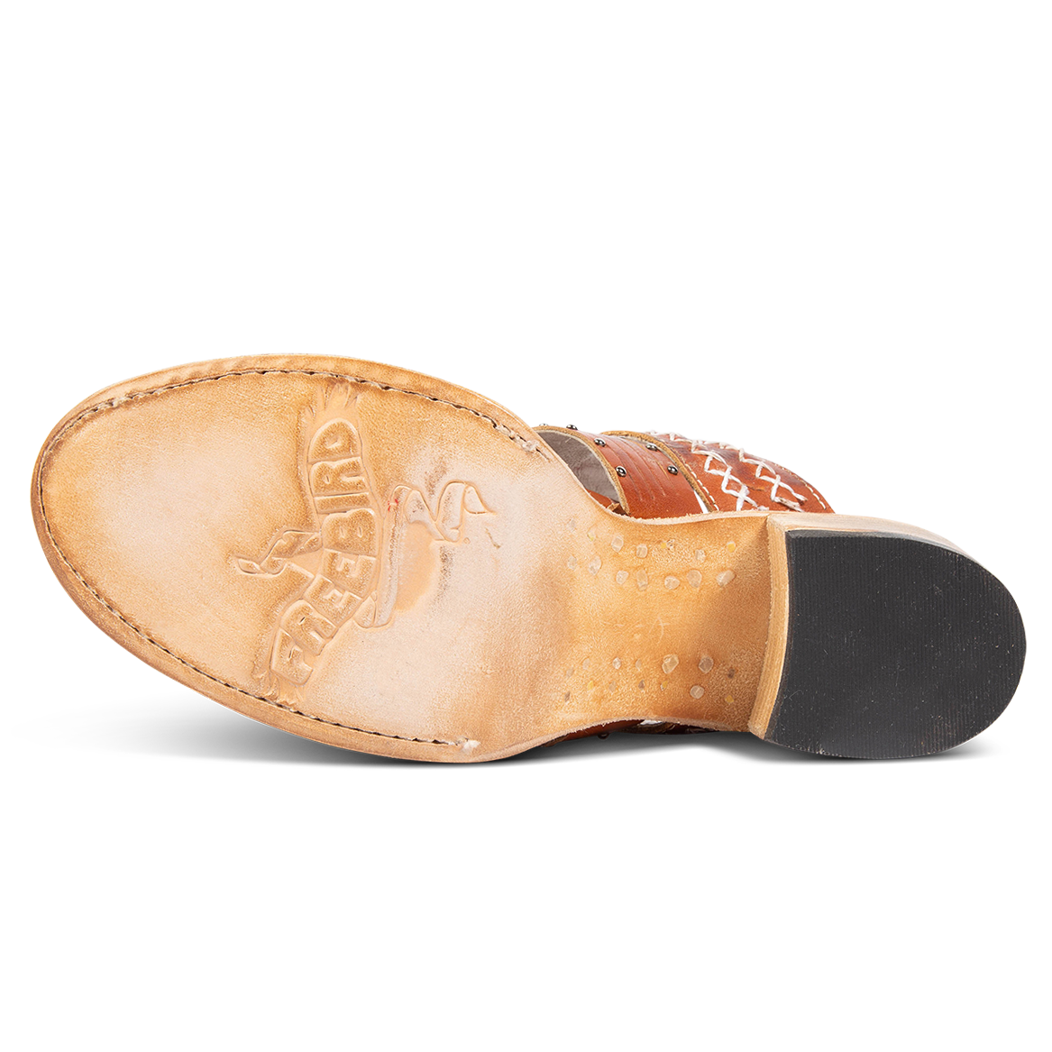 Leather sole imprinted with FREEBIRD on women's Albuquerque whiskey open-toe slip-on sandal