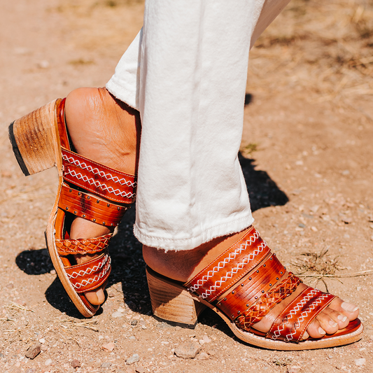 FREEBIRD women's Albuquerque whiskey open-toe slip-on sandal with braided and stitch detailed straps